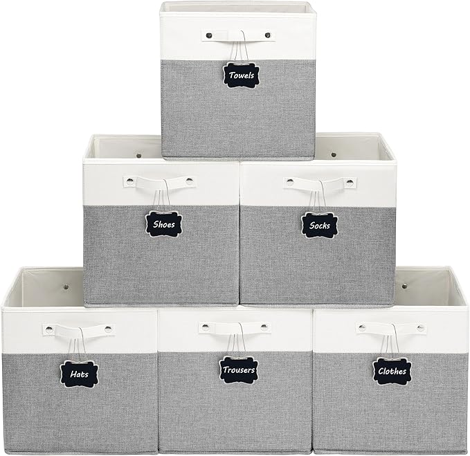 FinishingBo 13x13x13 Inches Fabric Storage Bin with Handles, Cube Storage Bins, Storage Baskets for Organizing Shelf Home Closet,6 Pack (White and Grey)