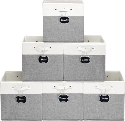 FinishingBo 13x13x13 Inches Fabric Storage Bin with Handles, Cube Storage Bins, Storage Baskets for Organizing Shelf Home Closet,6 Pack (White and Grey)