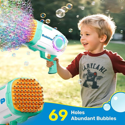 Play-Act 69 Holes Bubble Machine Guns Toys, Bazooka Rocket Shape Bubble Gun for Kids Adults, Colored Lights Blaster Blower with Solution Outdoor, Summer Toys, Party Favors, Wedding, Birthday