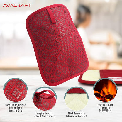 Avacraft Red Pot Holders Set, Flexible, 100% Cotton with Non-Slip Heat Resistant Silicone Design, Thick Terry Cloth Interior, Hot Pads