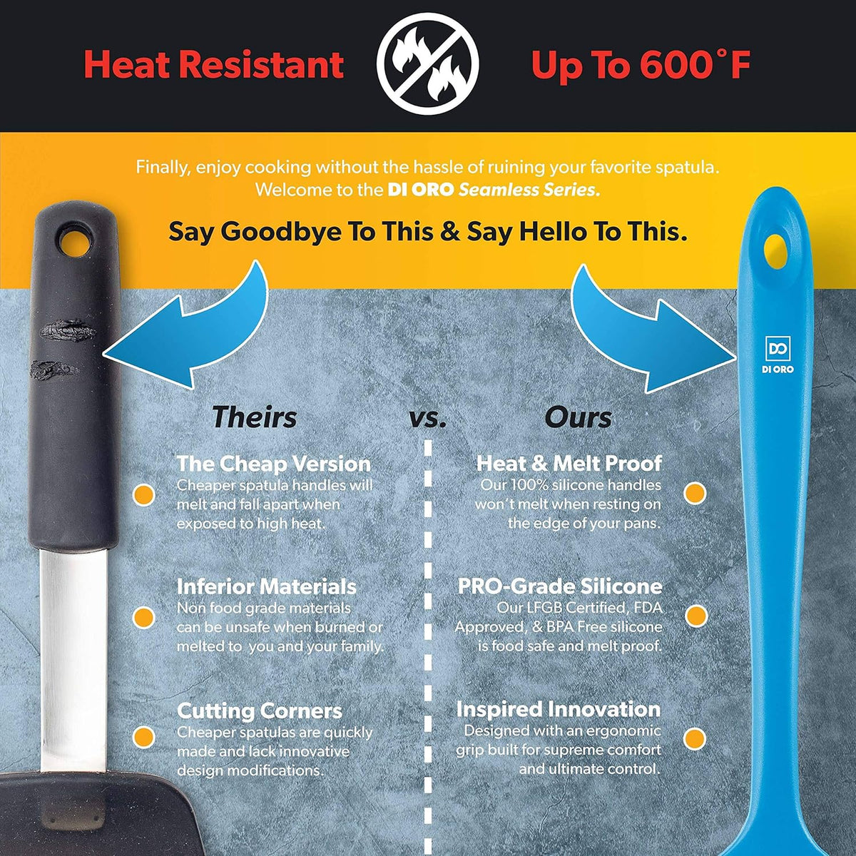 DI ORO Silicone Spoon Spatula - Forever Warranty - 600°F Heat-Resistant Large Silicone Spoonula Scraper