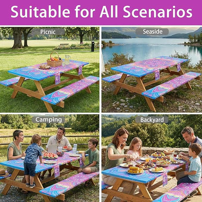 3 Piece Picnic Table Cover with Bench Covers 72x30In Fitted Elastic Heavy Duty Camping Table Cloths Camp Motorhome Gear Garden Festival Stuff Road Trip Outdoors Must Haves Gifts for Mom Dad