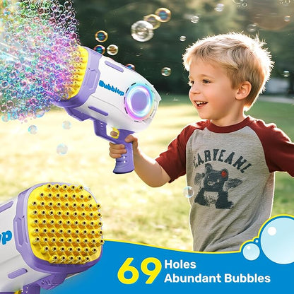 Play-Act 69 Holes Bubble Machine Guns Toys, Bazooka Rocket Shape Bubble Gun for Kids Adults, Colored Lights Blaster Blower with Solution Outdoor, Summer Toys, Party Favors, Wedding, Birthday
