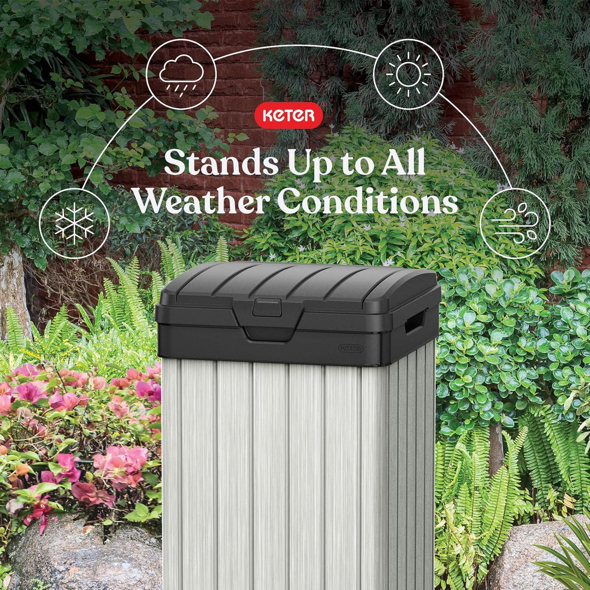 Keter Rockford Resin 38 Gallon Outdoor Kitchen Trash Can with Lid and Drip Tray for Easy Cleaning-Perfect for Patio Dining, Grey