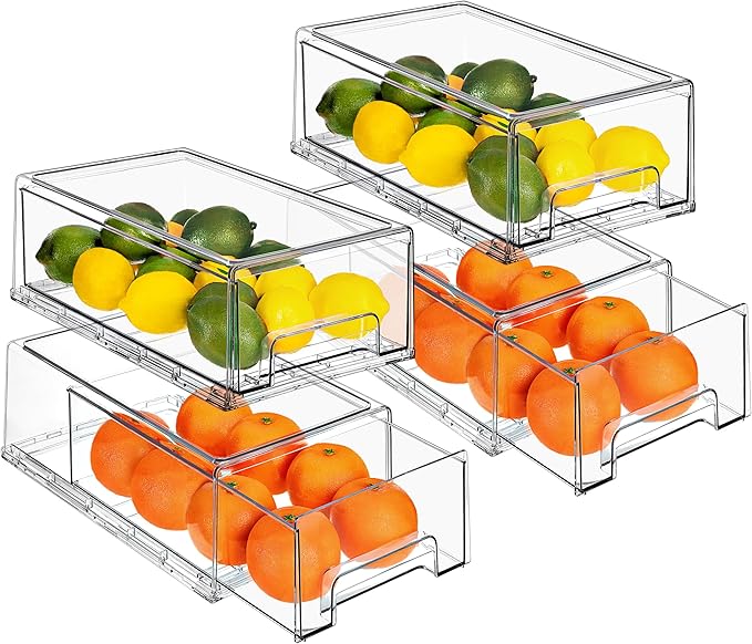 Sorbus Medium Clear Storage Drawers (4 Pack) – Stackable Organizer Drawers for Pantry, Kitchen, and Fridge – Pull-Out Acrylic Storage Bins with Handles