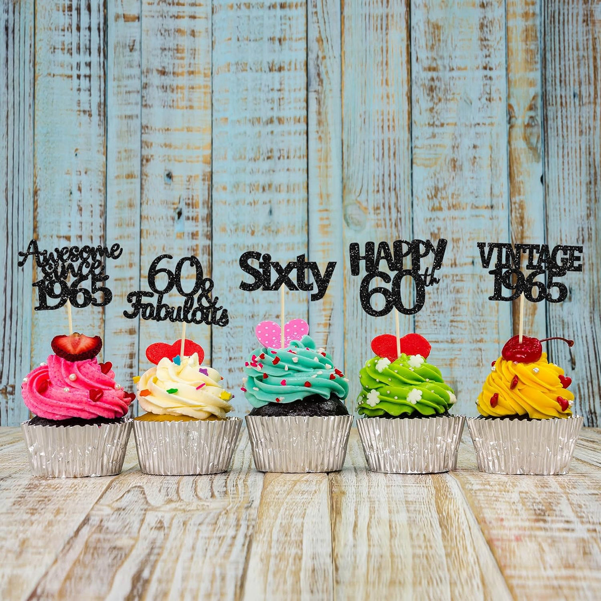 Gyufise 30Pcs 60th Birthday Cupcake Toppers Vintage 1965 Cake Decorations Cheers to 60 Fabulous Sixty Cupcake Picks 60th Birthday Wedding Anniversary Party Cake Decorations Supplies Black