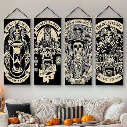 KatchOn, Scary Halloween wall decorations - Pack of 4 | Grim Reaper Stretching Portraits For Halloween Decoration | Vintage Vinyl Hanging Portraits for Haunted House Decoration for Outdoor Indoor Home