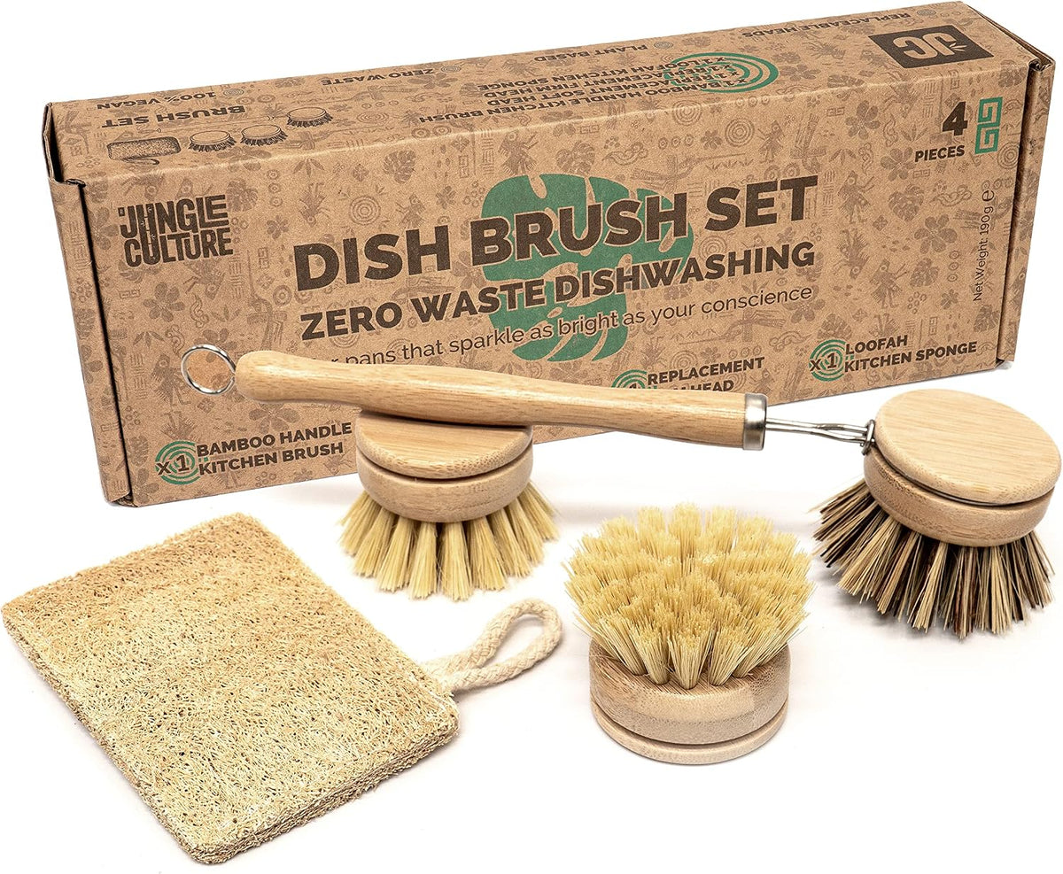 JUNGLE CULTURE Bamboo Dish Brush • 3 Swap Heads &amp; Loofah Sponge • 4 Piece