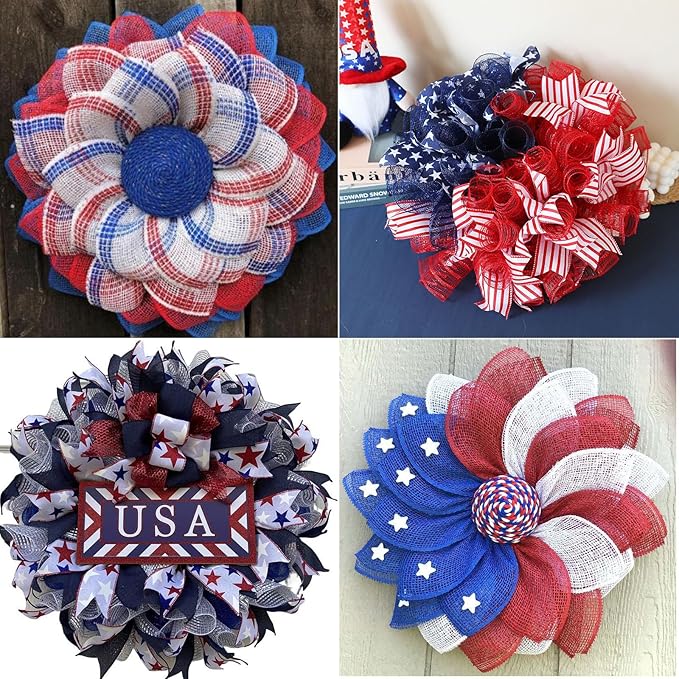 5 Rolls Patriotic Mesh Ribbon for Wreath, 10 Inch x 30FT Per Roll Metallic Foil Deco Mesh Rolls Red White Blue Stripe Decorative Mesh for 4th of July Independence Day Memorial Day Party Decor