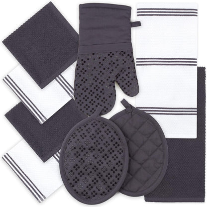 Sticky Toffee 9-Piece Kitchen Set – Gray 100% Cotton Terry Dish Towels, Dishcloths, Oven Mitts, and Pot Holders with Non-Slip Silicone Grip, Oeko-Tex Cotton
