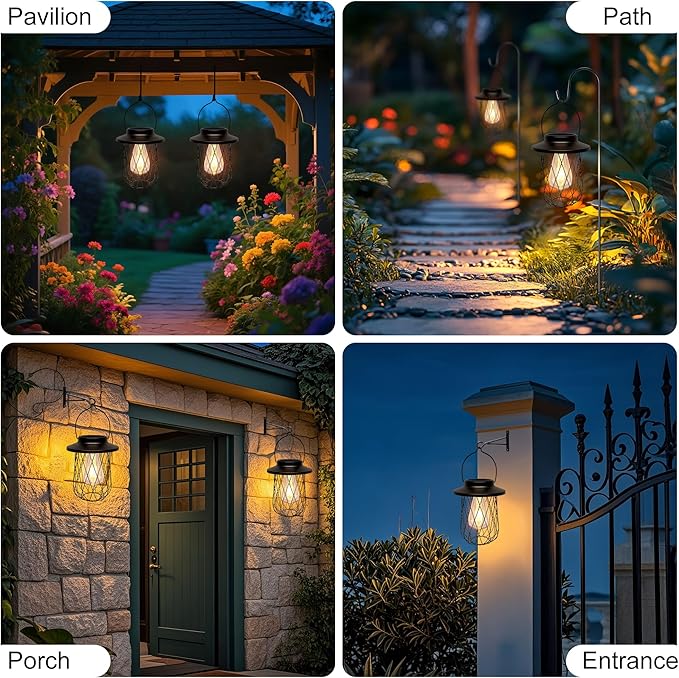 Livinlarge Solar Lanterns Outdoor Waterproof,2 Pack Solar Lantern for Outside Hanging Patio Porch Garden Yard Decor,High Brightness LED Solar Powered Lighting,Gardening Lovers Mom Gifts