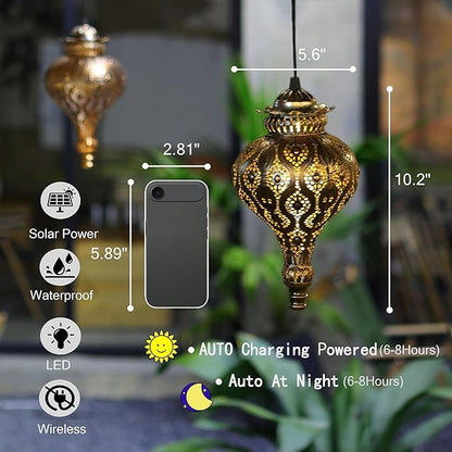 Moroccan Solar Lanterns Outdoor Waterproof Bronze Hanging Lanterns Outdoor Ramadan Garden Decor Gardening Gifts for Women Mom Grandma Solar Lights for Patio, Pathway, Yard, Porch, Backyard.