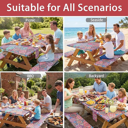 Picnic Table Cover with Bench Covers Fitted Wrinkle Free Camping Table Cloths Hiking Glamping Supplies Travel Trailers Cooking Essential Holiday Festival Decor Gifts for Adult Who Want Nothing
