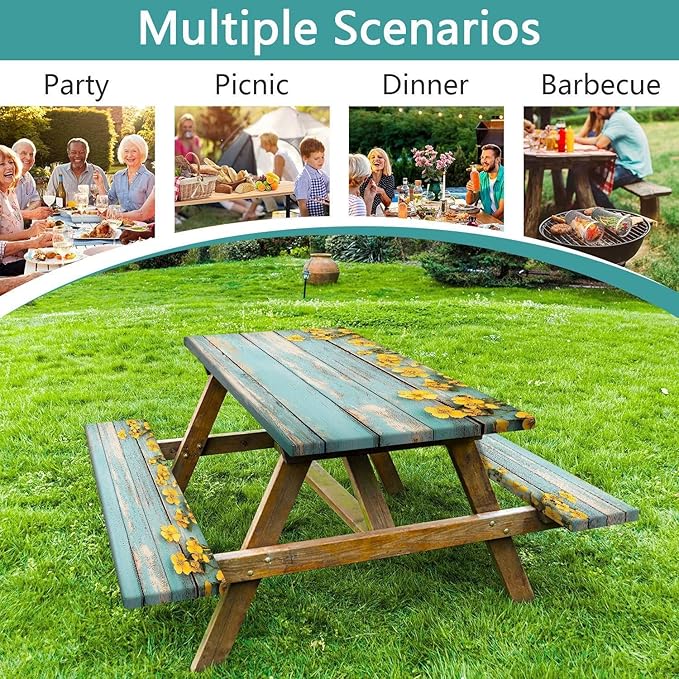 Flowers Picnic Table Cover with Bench Covers, Wooden Vintage Farmhouse RV Camping Tablecloth Fitted Picnic Table Covers, Country Rectangle Tables Family Garden Outdoor Party Decorations, 30X72in