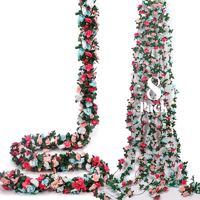 Miracliy 8Pcs 66FT Pink Flower Garland, Blue and White Artificial Rose Floral Vines Fake Hanging Spring Flower Garland for Wall Backdrop Wedding Arch Tea Party Door Mantle Decoration