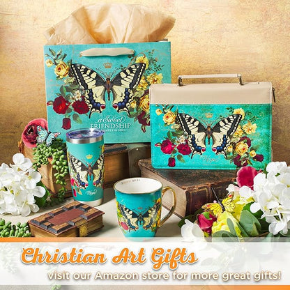 Christian Art Gifts Large Landscape Scripture Gift Bag for Women & Friends w/Card & Tissue Paper Set: Sweet Friendship - Prov. 27:9 Inspirational Bible Verse, Butterfly Multicolor Floral, Teal & Gold