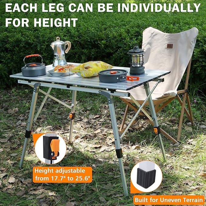 JOUYEK Folding Outdoor Camping Table with Adjustable Legs, Lightweight Aluminum Roll Up Camp Table with Carrying Bag, Mesh Storage Organizer, for Cooking, Picnic, Beach, Backyards, BBQ, Party