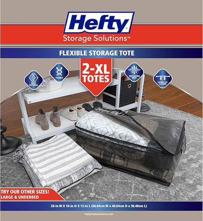 Hefty Storage Bags Extra Large Double Zipper Backpack, Heavy Duty Water Resistant Moving Totes with Shoulder Straps, Foldable Reusable Packing Organizers, 2 Pack (X-Large Black)