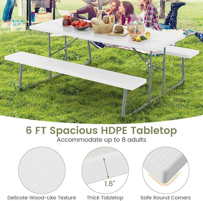 Giantex Folding Picnic Table - 6 FT Outdoor Table Bench Set for 8 Persons w/All-Weather HDPE Tabletop, Metal Leg, Umbrella Hole, Large Outside Dining Table for Patio Garden Yard Poolside (White)