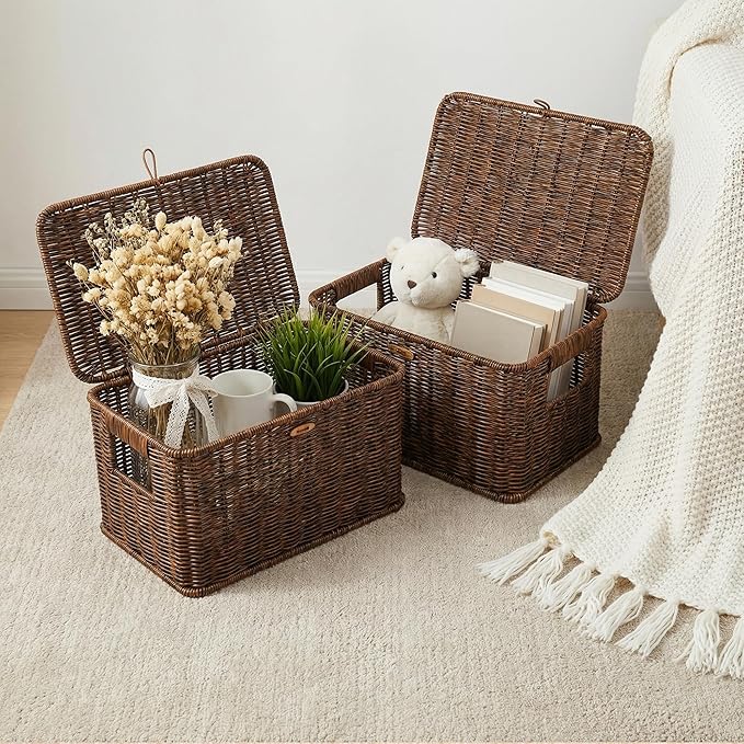 Nonam Wicker Storage Basket with Lid, Large Shelf Baskets for Boho Decor, Plastic Basket, Lidded Home Storage Bins - Stackable Containers Boxes for Organizing - Brown