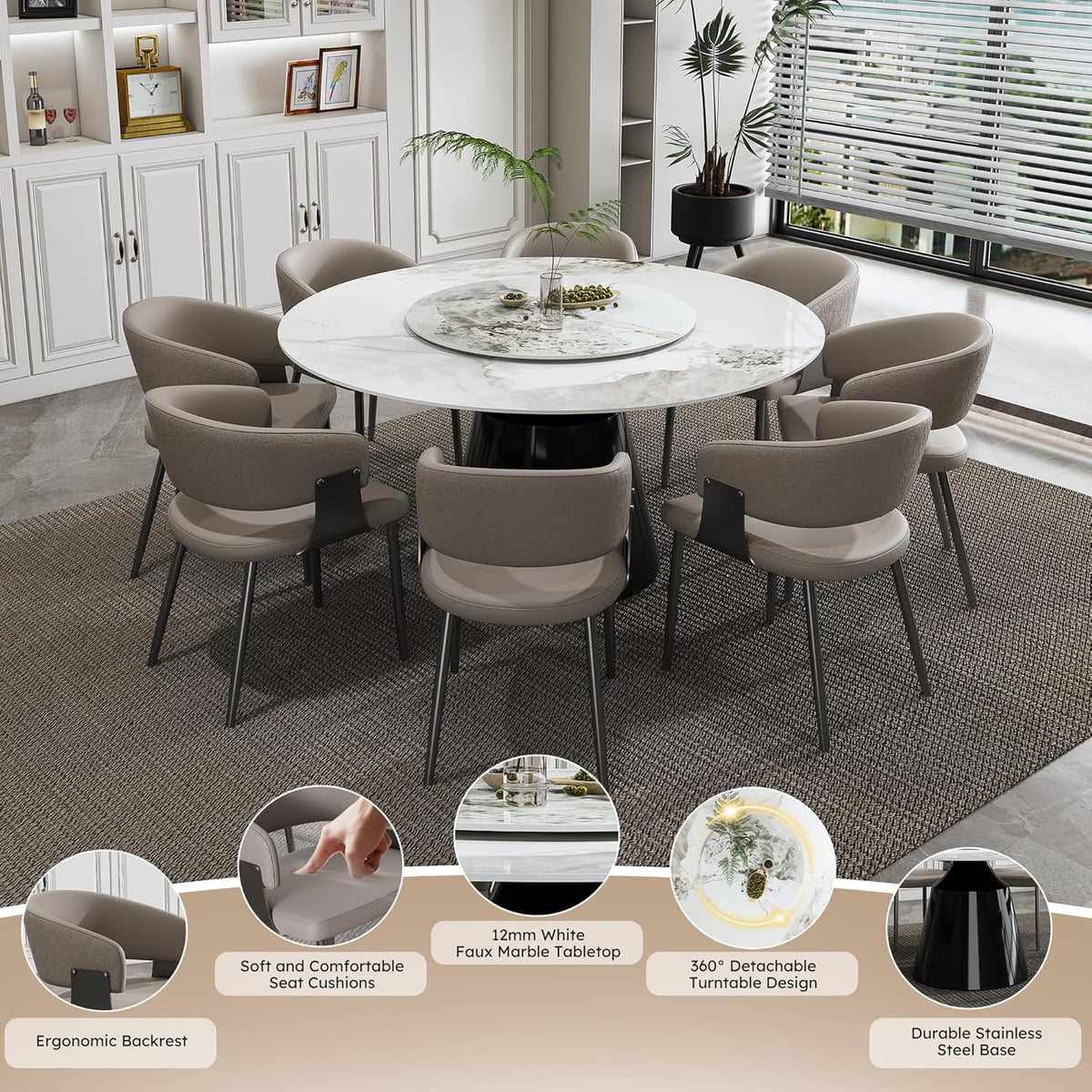 Montary 9 Piece Dining Table Chairs Set, Modern Dining Table Set of 8, Includes 59" D Marble Round Table with Black Metal Cone Base, 8 Gray Texture Dining Chairs for Home, Kitchen