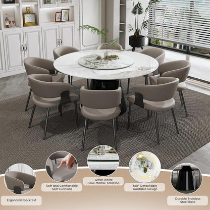 Montary 9 Piece Dining Table Chairs Set, Modern Dining Table Set of 8, Includes 59" D Marble Round Table with Black Metal Cone Base, 8 Gray Texture Dining Chairs for Home, Kitchen