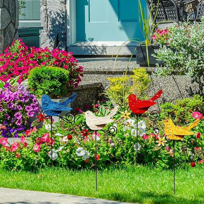 KEDONCHEN.4 Pack Metal Bird Decorative Garden Stakes, Spring Garden Decor,Indoor Outdoor Lawn Pathway Patio Ornaments, 14.2 Inch Outdoor Metal Garden Decor Shaking Head Yard Art …