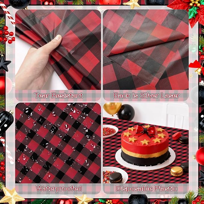 2 Pack Red Striped Gingham Tablecloths, 54 x 108 Inch Disposable Plastic Rectangle Table Covers, Waterproof Red and Black Checkered Table Cloths for Picnic, Birthday, Party, Outdoor Events