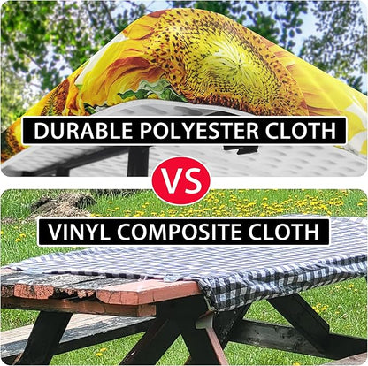 Sunflower Picnic Table Cover with Bench Covers Camping Essentials Wooden Grain Outdoor Table Covers with Elastic Waterproof Fitted Tablecloth for RV Picnic Travel