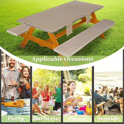 Picnic Table Cover with Bench Covers Vinyl Elastic Edges Fitted Rectangle Seat Tables Waterproof 3-Piece72X30in Set Outdoor Rectangular Folding Backing Tablecloth for Camping Over Size