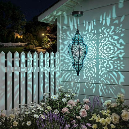 Moroccan Hanging Solar Lights Outdoor Lantern Bidirectional Availabili Garden Decor Waterproof Plastic Blue Decorations for Patio Pathway Yard Backyard Solar Powered Garden Decorative (Black, 1)