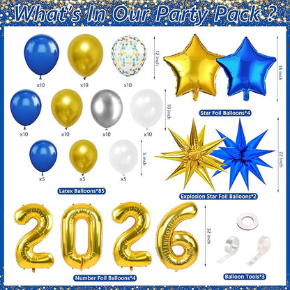 Graduation Decorations Class of 2026 Congrats Grad 2026 Party Supplies Include Backdrop Tablecloth Balloon Boxes with Letters Honeycomb Centerpieces Balloon Arch Kit Foil Balloons (Blue and Gold)