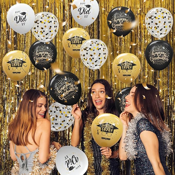 75 Pack Graduation Party Decorations Balloons Set - 12 Inch Black Gold Balloons with Balloon Ribbons for Graduation Party Decoration Supplies