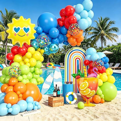 Amandir 165Pcs Summer Beach Pool Party Balloons Decorations Splash Tropical Balloon Arch Garland Kit, Foil Wine Glass Sun Colorful Balloons for Hawaiian Luau Holiday Swimming Birthday Party Backdrop