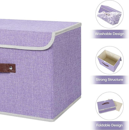 ANMINY Storage Bin with Lid Storage Boxes with PU Leather Handles PP Plastic Board Decorative Foldable Lidded Cotton Linen Fabric Home Cubes Baskets Closet Organizer Container - Purple, Medium