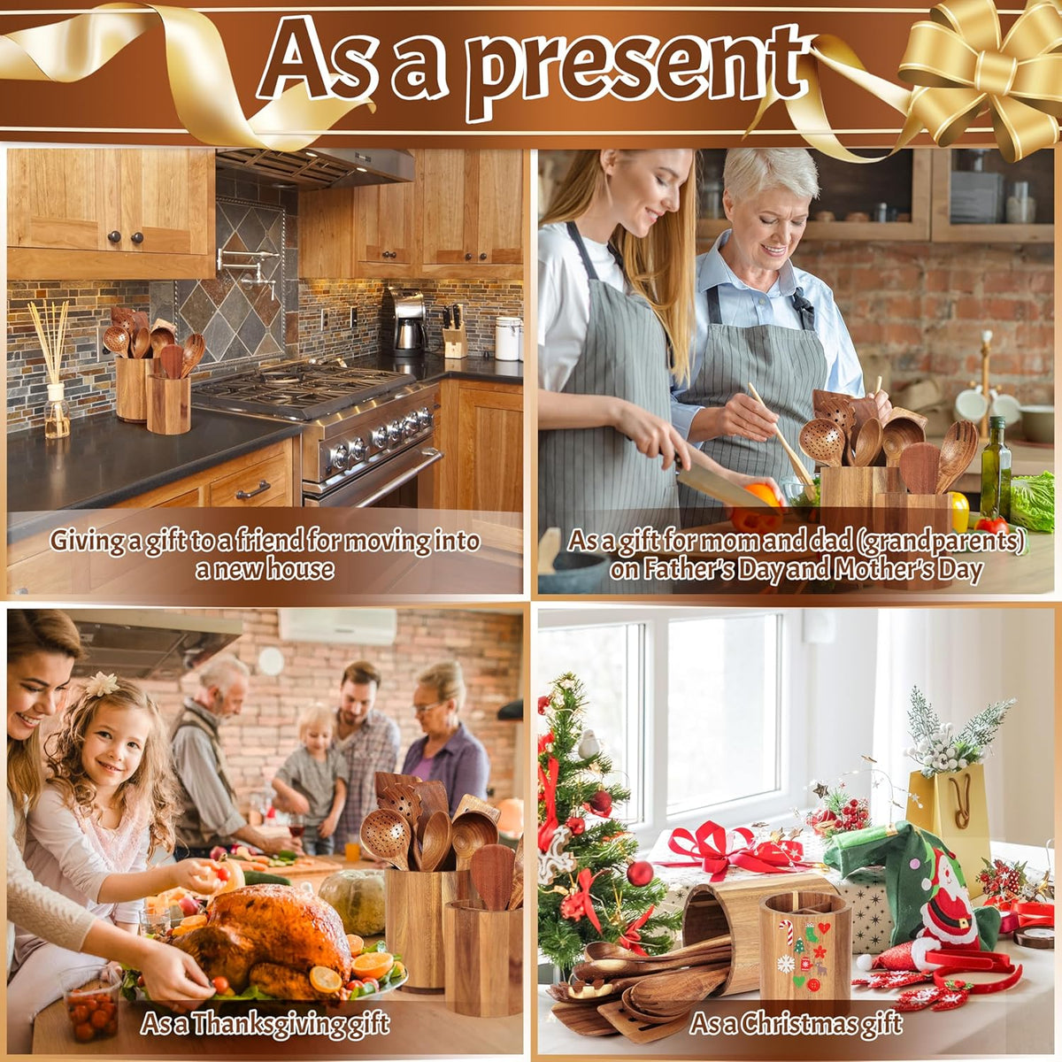 Utensil Holder for Kitchen Countertop: 360° Rotating Wooden Utensil Crocks - Farmhouse Cooking Spoons Organizer