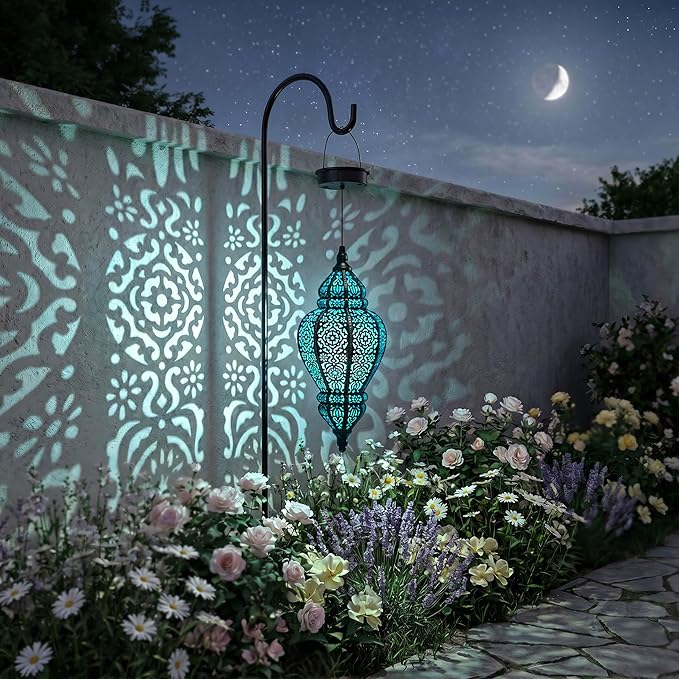Moroccan Hanging Solar Lights Outdoor Lantern Bidirectional Availabili Garden Decor Waterproof Plastic Blue Decorations for Patio Pathway Yard Backyard Solar Powered Garden Decorative (Black, 1)