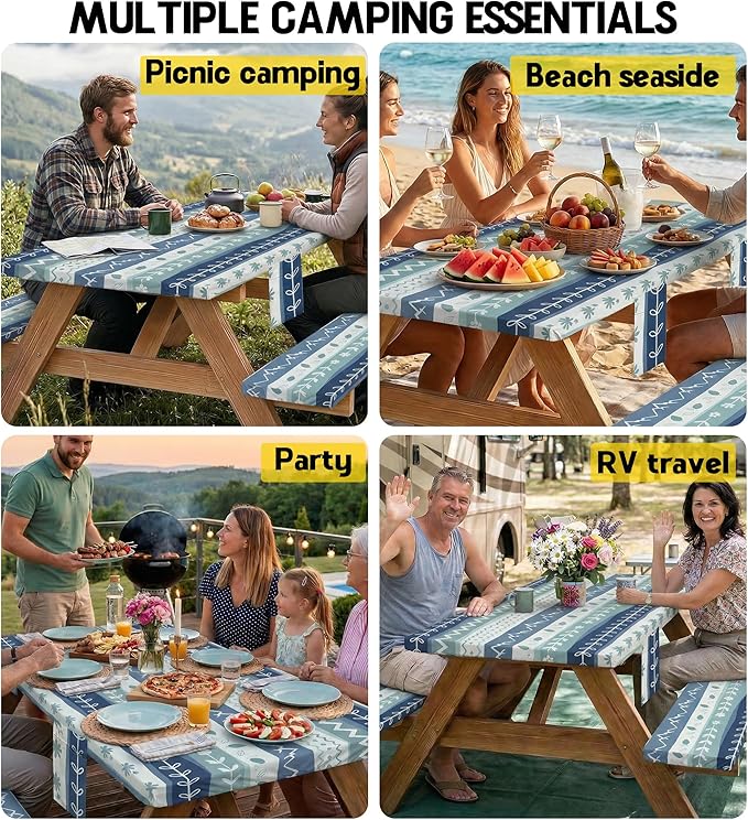 Picnic Table Cover with Bench Covers Waterproof Elastic Rectangle Furniture Fitted Tablecloth Table Cloth Glamping Camp Camper Camping Essentials Outdoor Road Trip Rv Car Travel Vacation Canping Gear