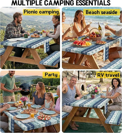 Picnic Table Cover with Bench Covers Waterproof Elastic Rectangle Furniture Fitted Tablecloth Table Cloth Glamping Camp Camper Camping Essentials Outdoor Road Trip Rv Car Travel Vacation Canping Gear
