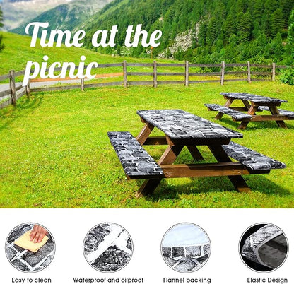 Boao 3 Pcs Vinyl Picnic Table Cover with Bench Cover 6 ft 30 x 72 Inch Waterproof Fitted Tablecloth Flannel Backing Rectangular Elastic Edged for Camping Outdoor Patio Travel(Brick)