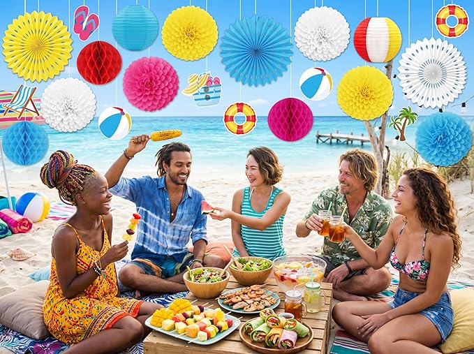 22pcs Summer Pool Party Decorations – Hanging Paper Fans, Beach Ball Lanterns, Pom Poms, Honeycomb for Hawaiian Luau Theme Birthday, Classroom, Outdoor Indoor Decor