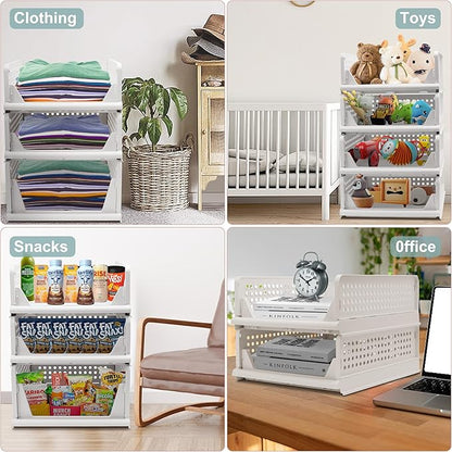 Goderewild Stackable Foldable Storage Baskets, Folding Storage Bins, Closet Organizers and Plastic Drawer Shelf Storage Container for Wardrobe, Cupboard, Kitchen, Bathroom, Office (White, 2L2S)