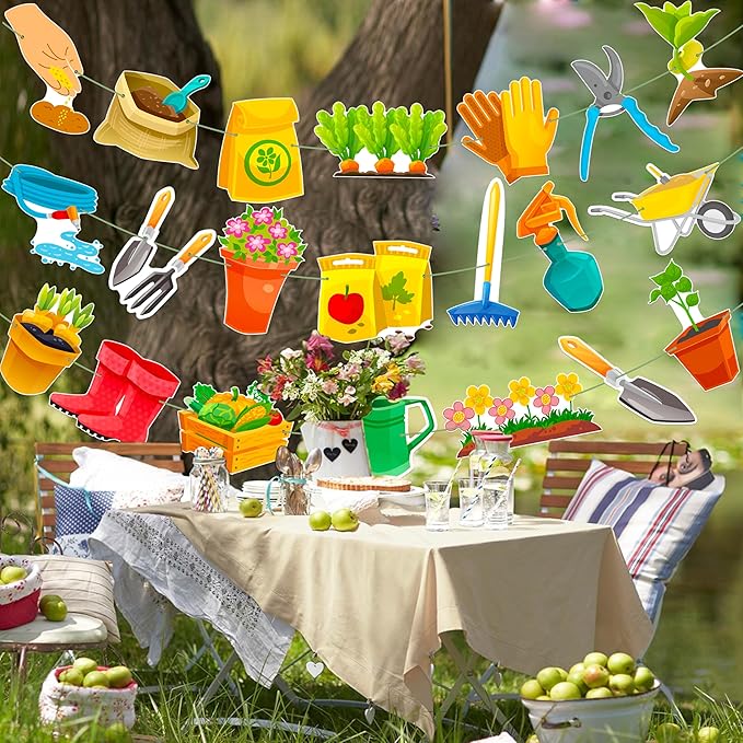 3Pcs Gardening Tool Banners Garden Birthday Party Decorations Garden Tool Theme Banner Garlands Hanging Decorations for Spring Theme Birthday Party Baby Shower Supplies