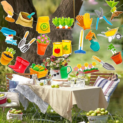 3Pcs Gardening Tool Banners Garden Birthday Party Decorations Garden Tool Theme Banner Garlands Hanging Decorations for Spring Theme Birthday Party Baby Shower Supplies