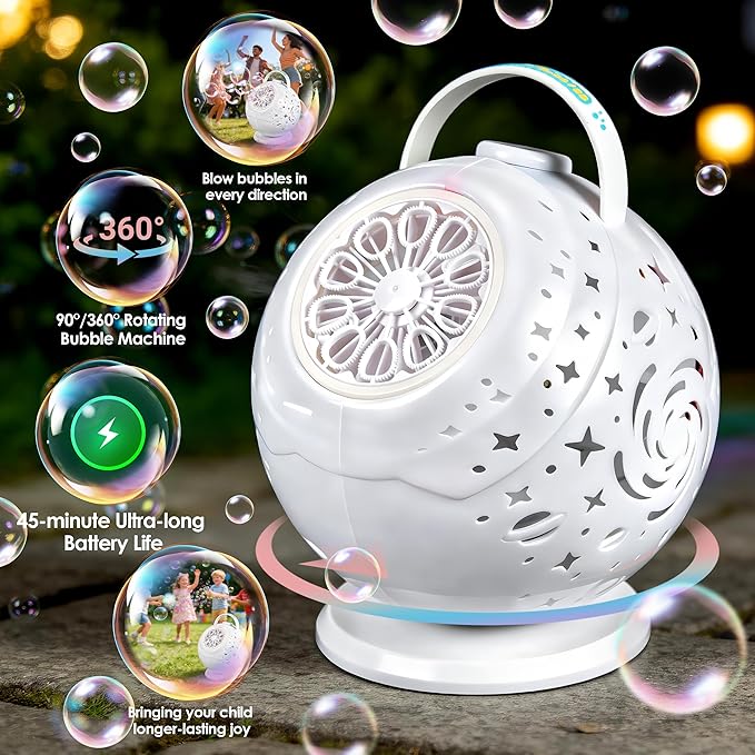 Upgraded Bubble Machine with Wireless Remote, 90° & 360° Rotating Maker, 7 Colors LED Light, 20000+ Output per Min, Type-C Charge, Automatic Blower for Kids Toddlers Indoor Outdoor Wedding