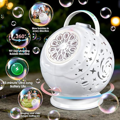 Upgraded Bubble Machine with Wireless Remote, 90° & 360° Rotating Maker, 7 Colors LED Light, 20000+ Output per Min, Type-C Charge, Automatic Blower for Kids Toddlers Indoor Outdoor Wedding