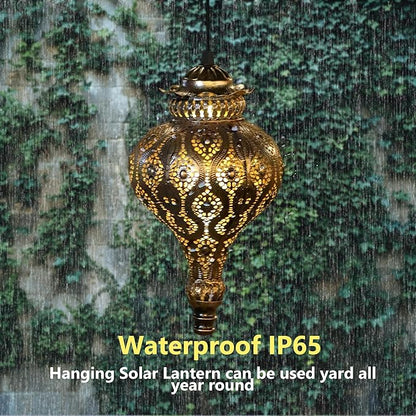 Moroccan Solar Lanterns Outdoor Waterproof Bronze Hanging Lanterns Outdoor Ramadan Garden Decor Gardening Gifts for Women Mom Grandma Solar Lights for Patio, Pathway, Yard, Porch, Backyard.