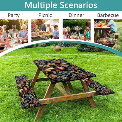 Picnic Table Cover with Bench Covers and Bag, Summer Outdoor Waterproof Windproof Tablecloth with Elastic Edges, Camping Accessories RV Gear Campers 3 Pcs Set, Black Mushroom 30X60inch
