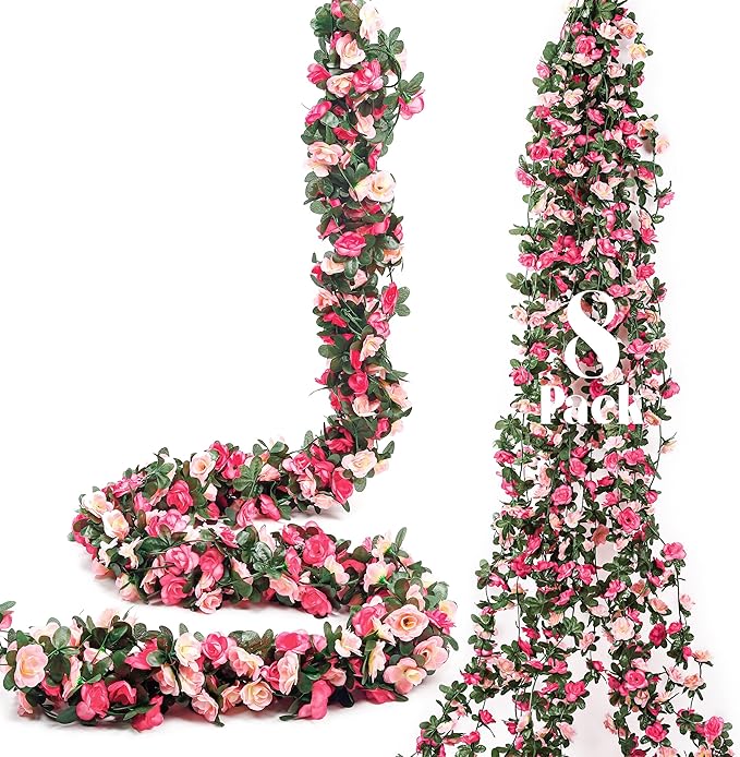 Miracliy 8Pcs 66FT Pink Flower Garland, Artificial Rose Floral Vines Fake Hanging Spring Flower Garland for Wall Backdrop Wedding Arch Tea Party Door Mantle Decoration