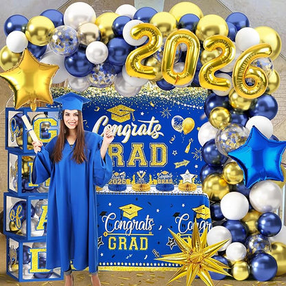 Graduation Decorations Class of 2026 Congrats Grad 2026 Party Supplies Include Backdrop Tablecloth Balloon Boxes with Letters Honeycomb Centerpieces Balloon Arch Kit Foil Balloons (Blue and Gold)